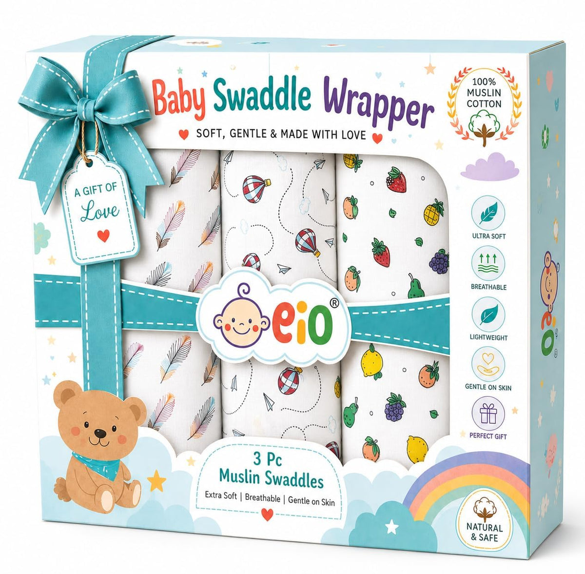EIO Baby Muslin Swaddle Wrapper Set of 3 | Soft & Breathable Muslin Cotton Swaddle Blankets for Newborns & Infants | MultiPurpo