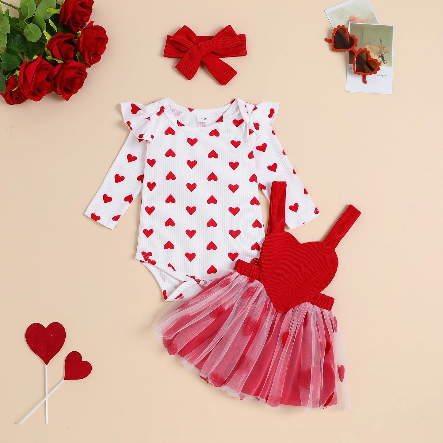 Christmas Baby Girl Outfit Newborn Cute Elk Fly Sleeve Romper Overall Dress Infant Girls Fall Winter Skirt Set (Tulle Valentines