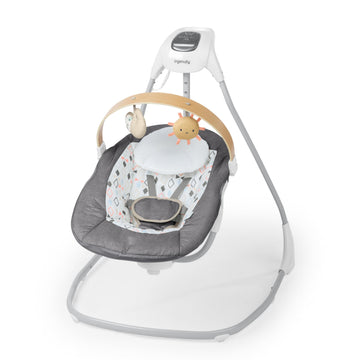 Ingenuity SimpleComfort Compact Baby Swing, Rotating Seat Swings in 3 Directions, 6 Speeds, 8 Melodies & 3 Nature Sounds, Ages 0