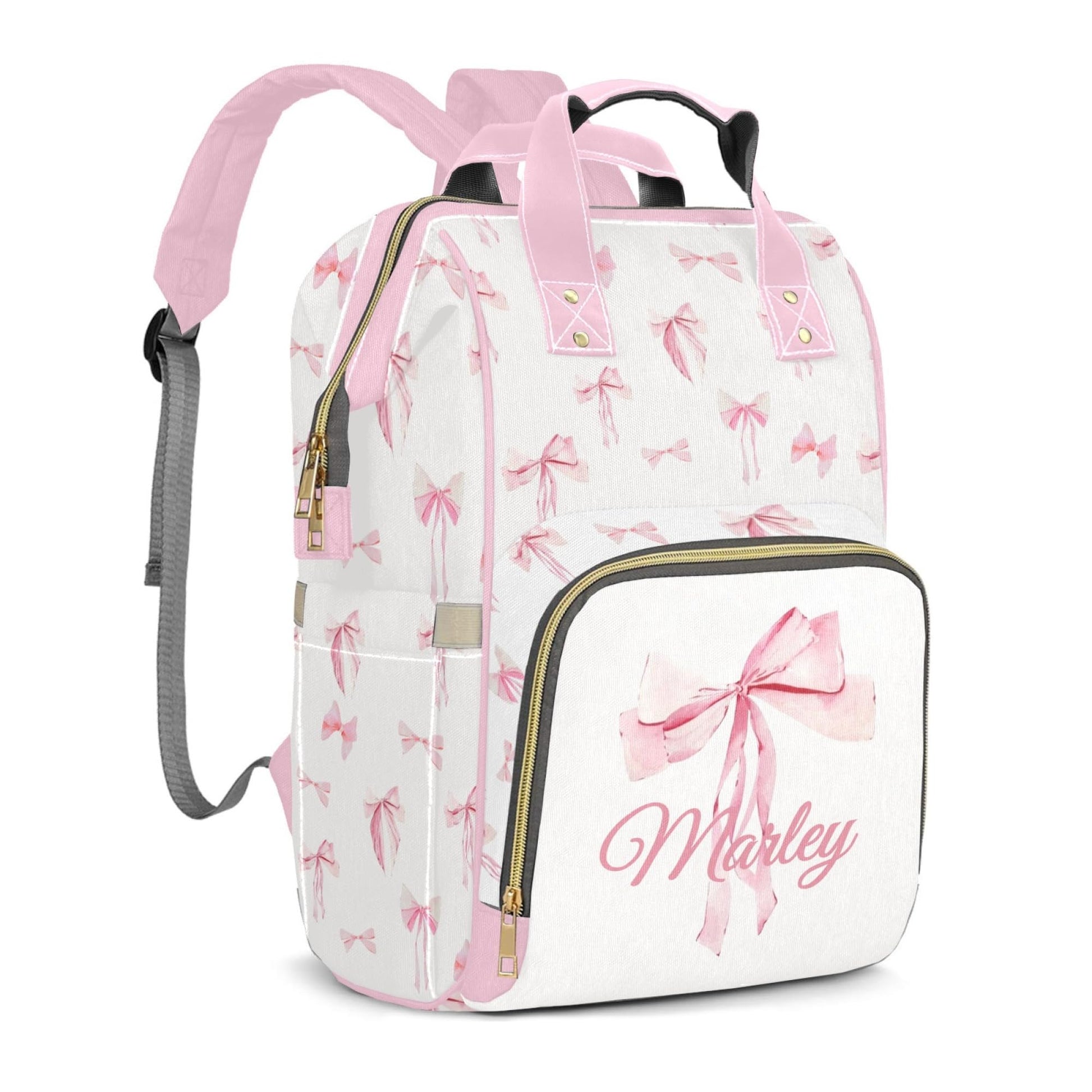 Perarts Bow Large Capacity Custom Diaper Bag for Baby Girls with Name, Pink Bowknot Multifunctional Mom Personalized Diaper Bag 