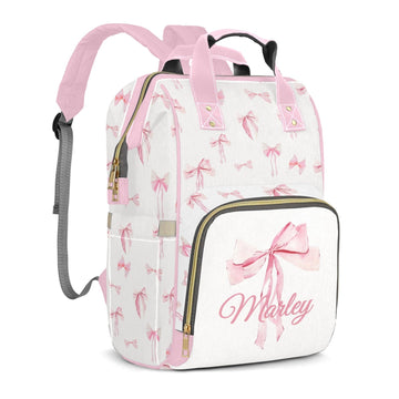 Perarts Bow Large Capacity Custom Diaper Bag for Baby Girls with Name, Pink Bowknot Multifunctional Mom Personalized Diaper Bag 