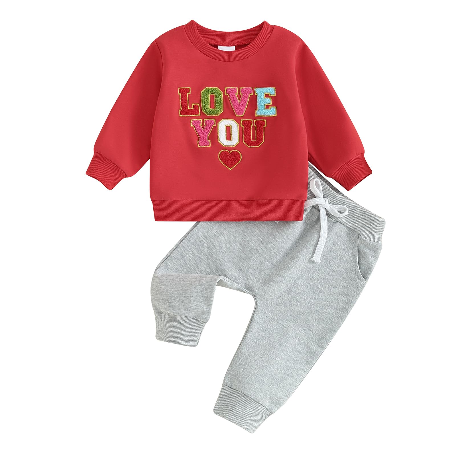 Toddler Baby Boy Valentines Day Outfit Letter Print Crewneck Sweatshirt Top and Jogger Pants Set (Love You-Red Gray, 2-3 Years)