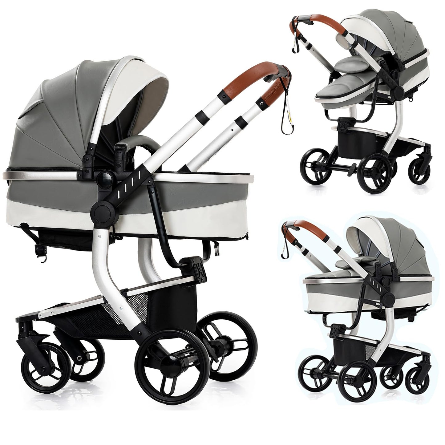 PU Leather 2 in 1 Baby Stroller with Bassinet, Convertible Pram, Reversible Standard Stroller, Portable Buggy, Infant Carriage, 