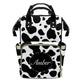 XOZOTY Black White Cow Print Diaper Bags Backpack with Name Personalized Baby Nursing Nappy Travel Tote Bag Gifts for Mom