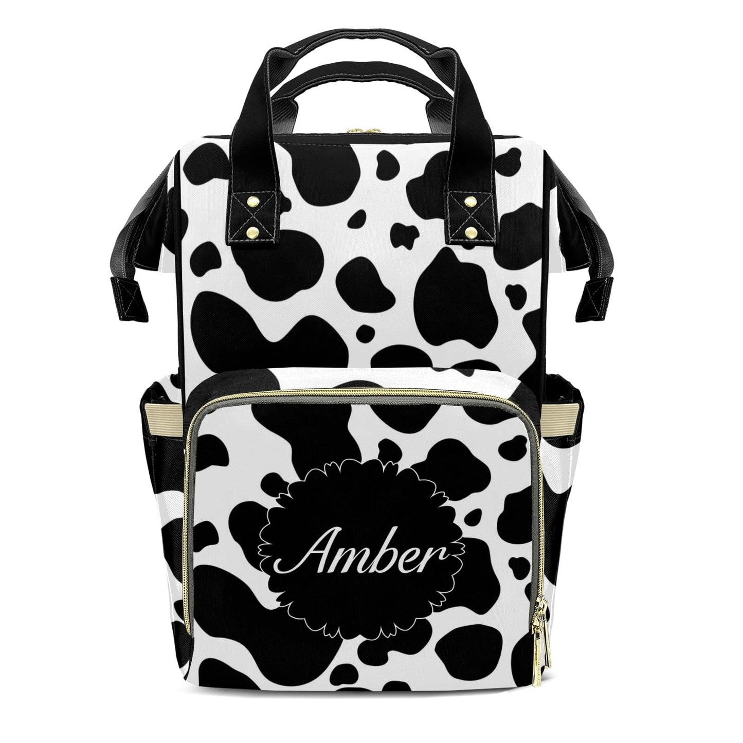 XOZOTY Black White Cow Print Diaper Bags Backpack with Name Personalized Baby Nursing Nappy Travel Tote Bag Gifts for Mom