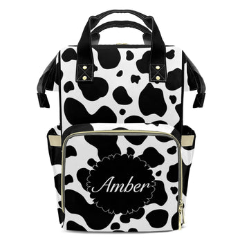 XOZOTY Black White Cow Print Diaper Bags Backpack with Name Personalized Baby Nursing Nappy Travel Tote Bag Gifts for Mom