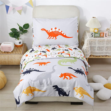 Urbonur 4-Piece Toddler Bedding Set - Ultra Soft Cartoon Jurassic Dinosaur Print Boys Toddler Comforter Set - Include Comforter,