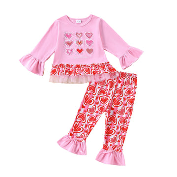 Ovmxqso Toddler Girl Valentine'S Day Outfit Baby Ruffle Sleeve Shirt Flared Pant Set St Patricks Day Clothes(Pink, 4-5T)