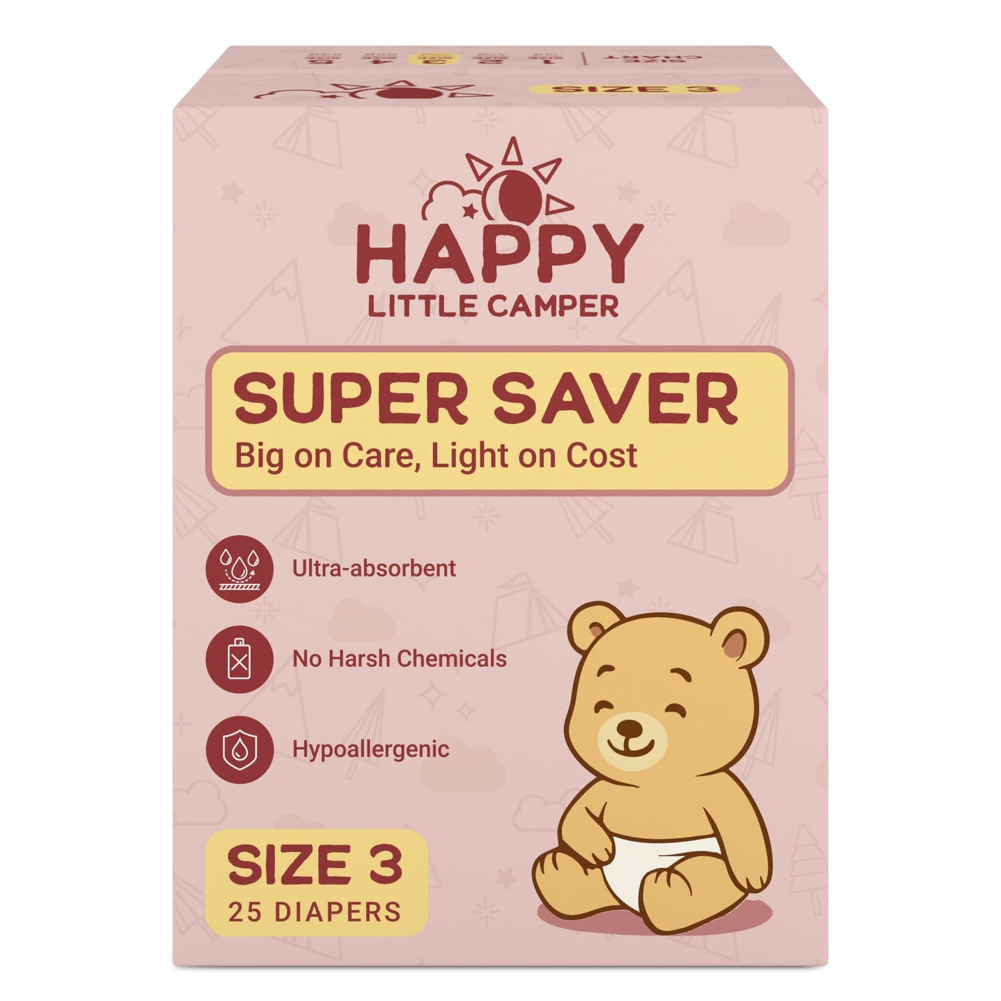 Happy Little Camper Super Saver Diapers, Size 3, 25 Count | Budget-Friendly Disposable Baby Diapers for Sensitive Skin | Hypoall