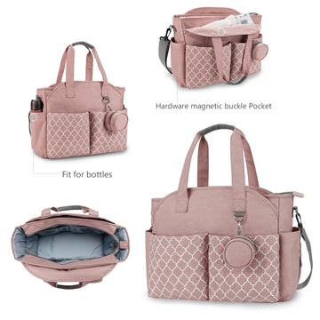 Lmbabter Diaper Bag Tote With Changing Station Upgrade Multi-Function Baby Bag With Adjustable Shoulder Strap (Pink)