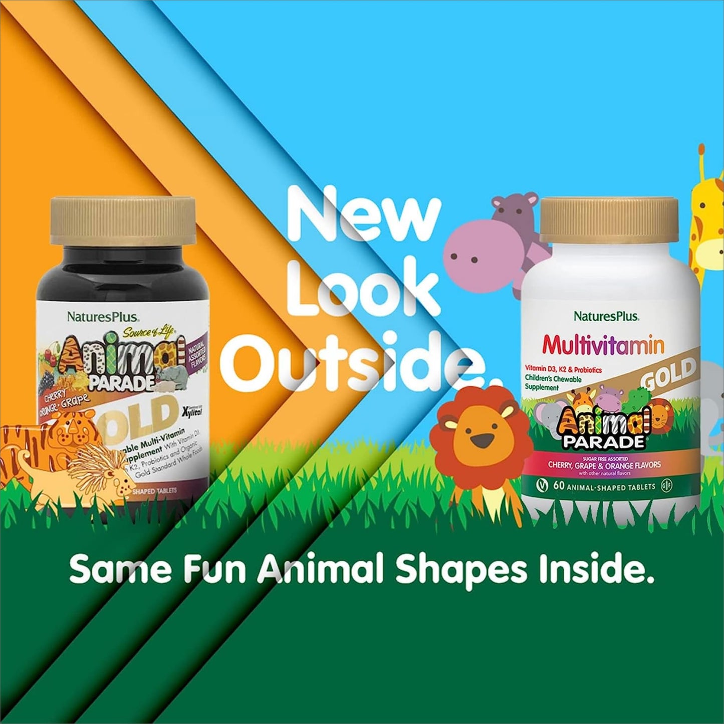 Natures Plus Animal Parade Gold Children'S Multivitamin - Assorted Cherry, Orange & Grape Flavors - 60 Chewable Tablets, Pack Of