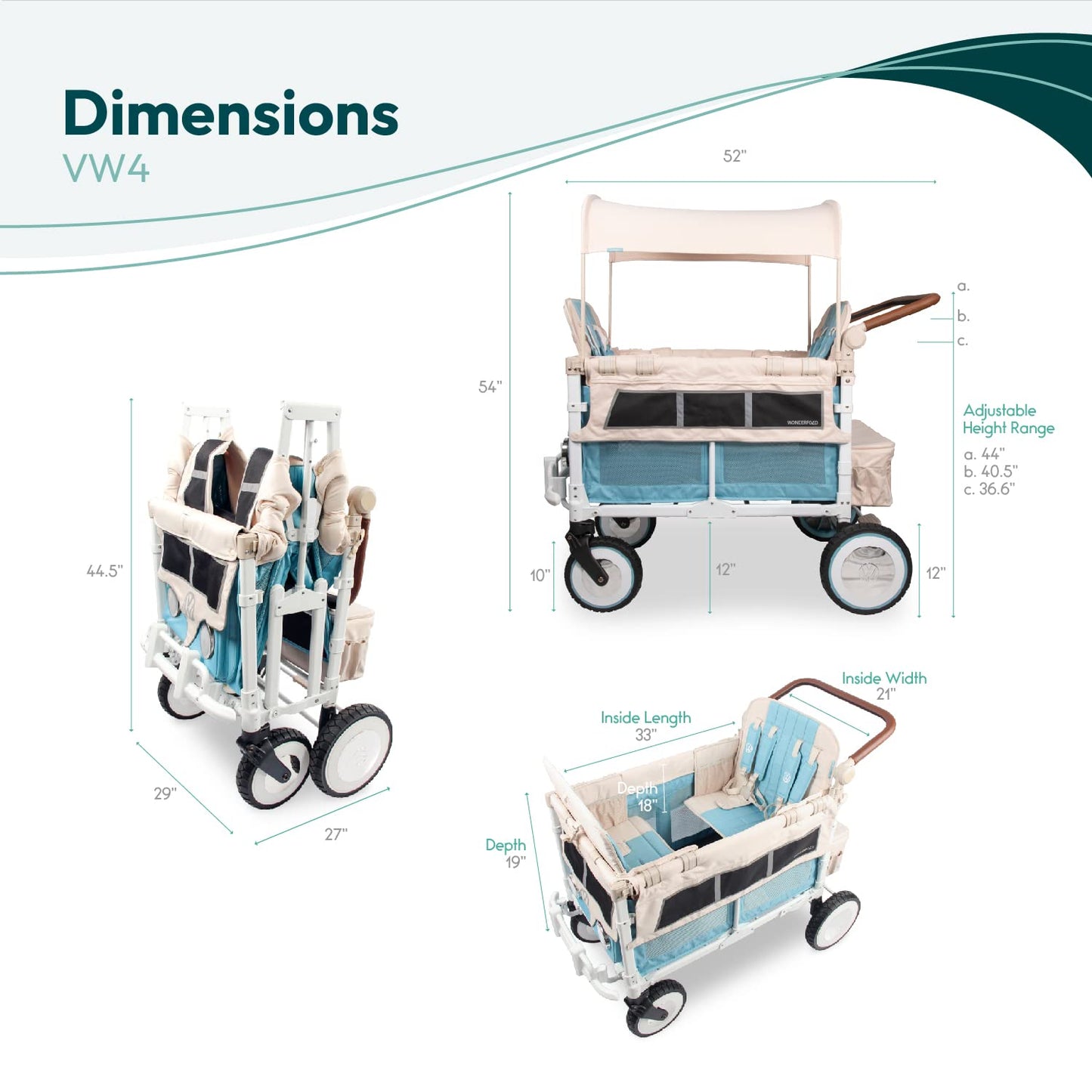 WONDERFOLD Volkswagen Stroller Wagon (4 Seater) - Collapsible Wagon Stroller with VW Bumper, Functioning Headlights, and All-Ter