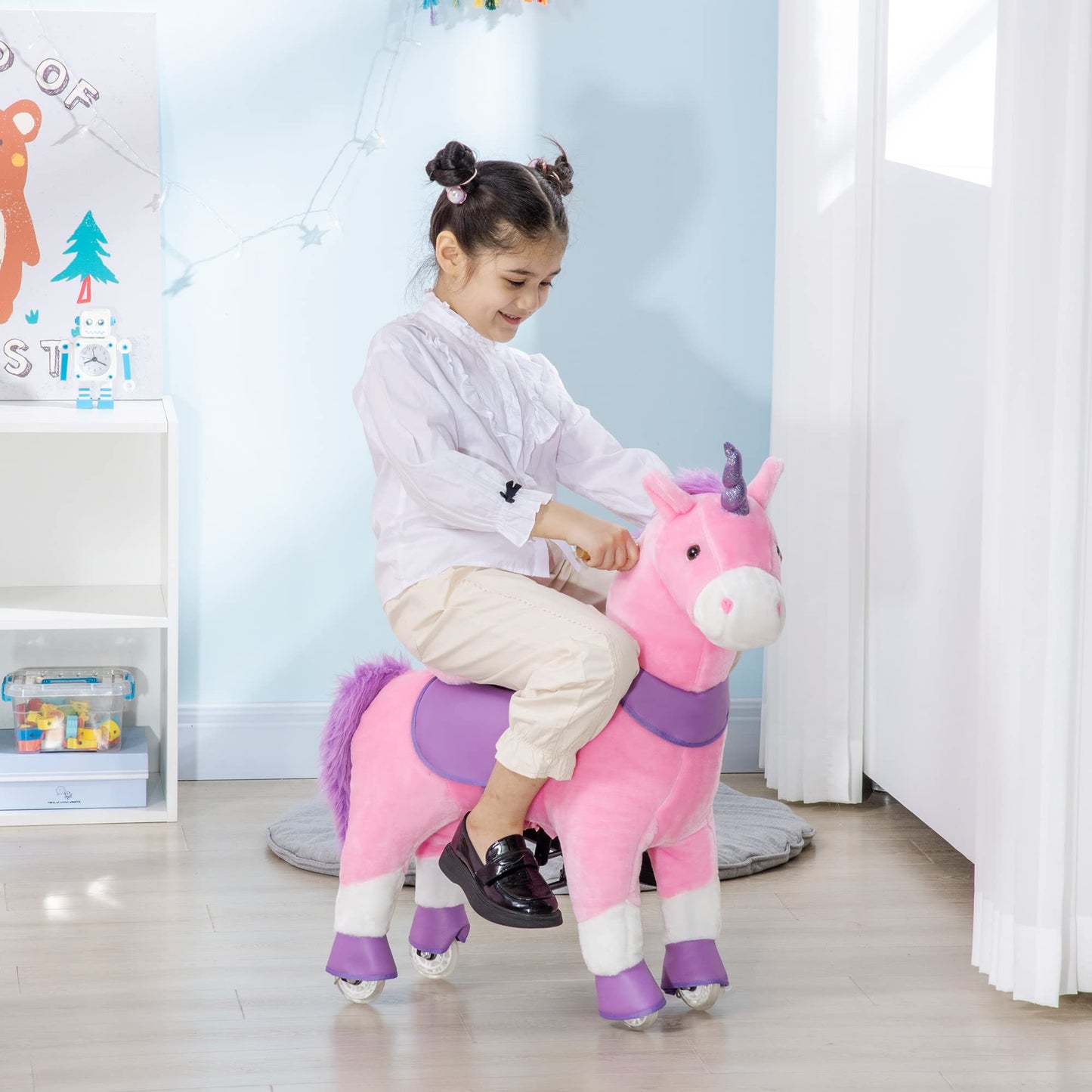 Qaba Ride On Real Walking Unicorn with Sparkly Horn, Soft Plush Ride On Rocking Horse Bearing 176lbs, Imaginative Interactive To