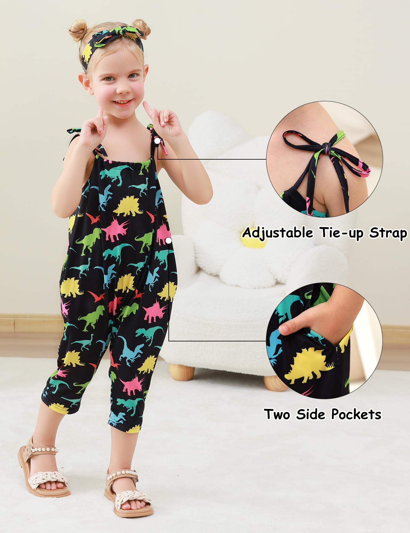 Lindanina Toddler Baby Girls Romper Dinosaur Sleeveless Jumpsuit Summer Cute Clothes Adjustable Tie-Up Strap 12-24 Months Infant