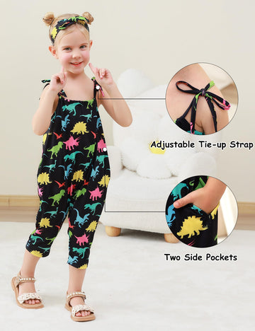Lindanina Toddler Baby Girls Romper Dinosaur Sleeveless Jumpsuit Summer Cute Clothes Adjustable Tie-Up Strap 12-24 Months Infant