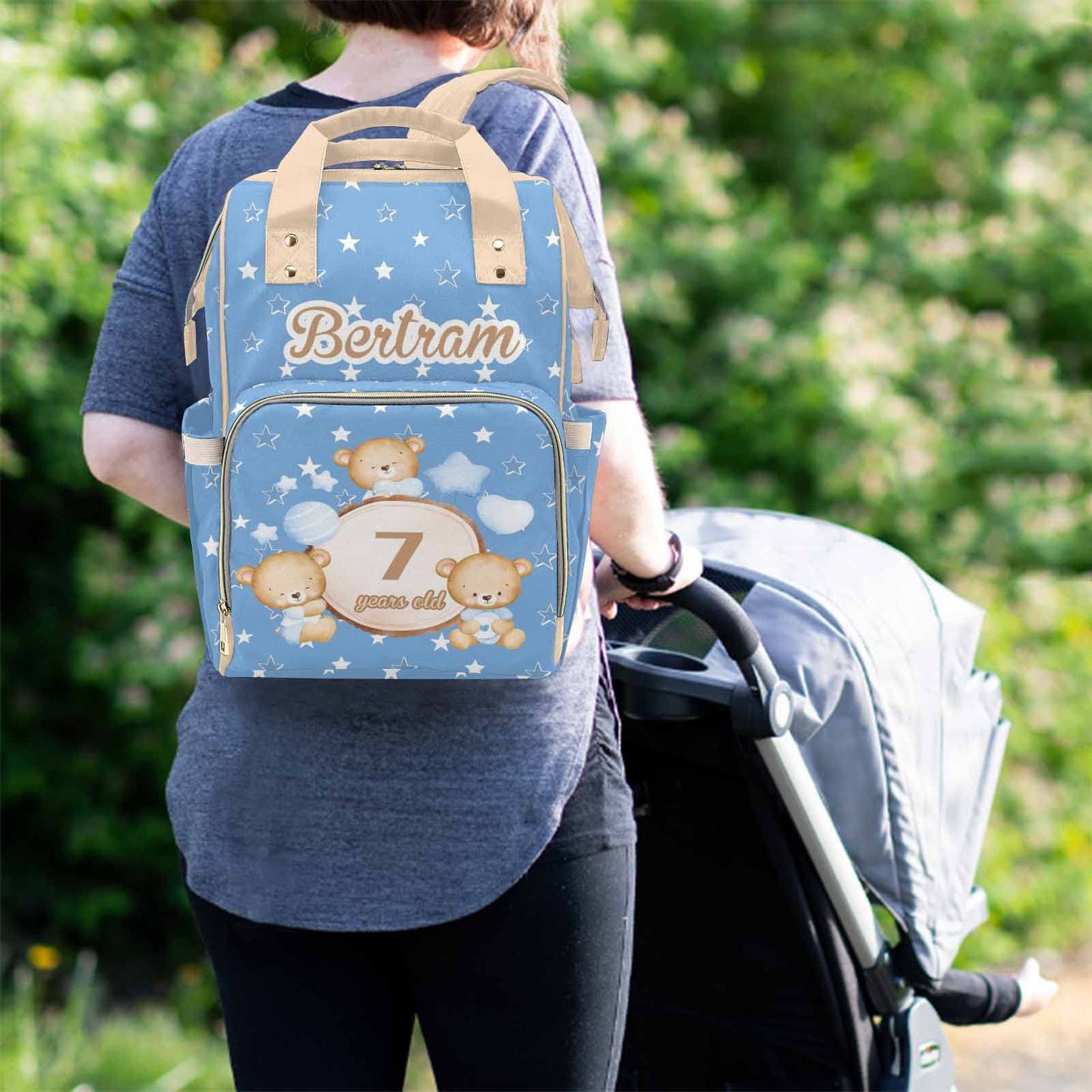 M Yescustom Personalized Blue Bear Diaper Bag With Name & Age, Custom Star Travel Backpack With Large Capacity Waterproof Mommy
