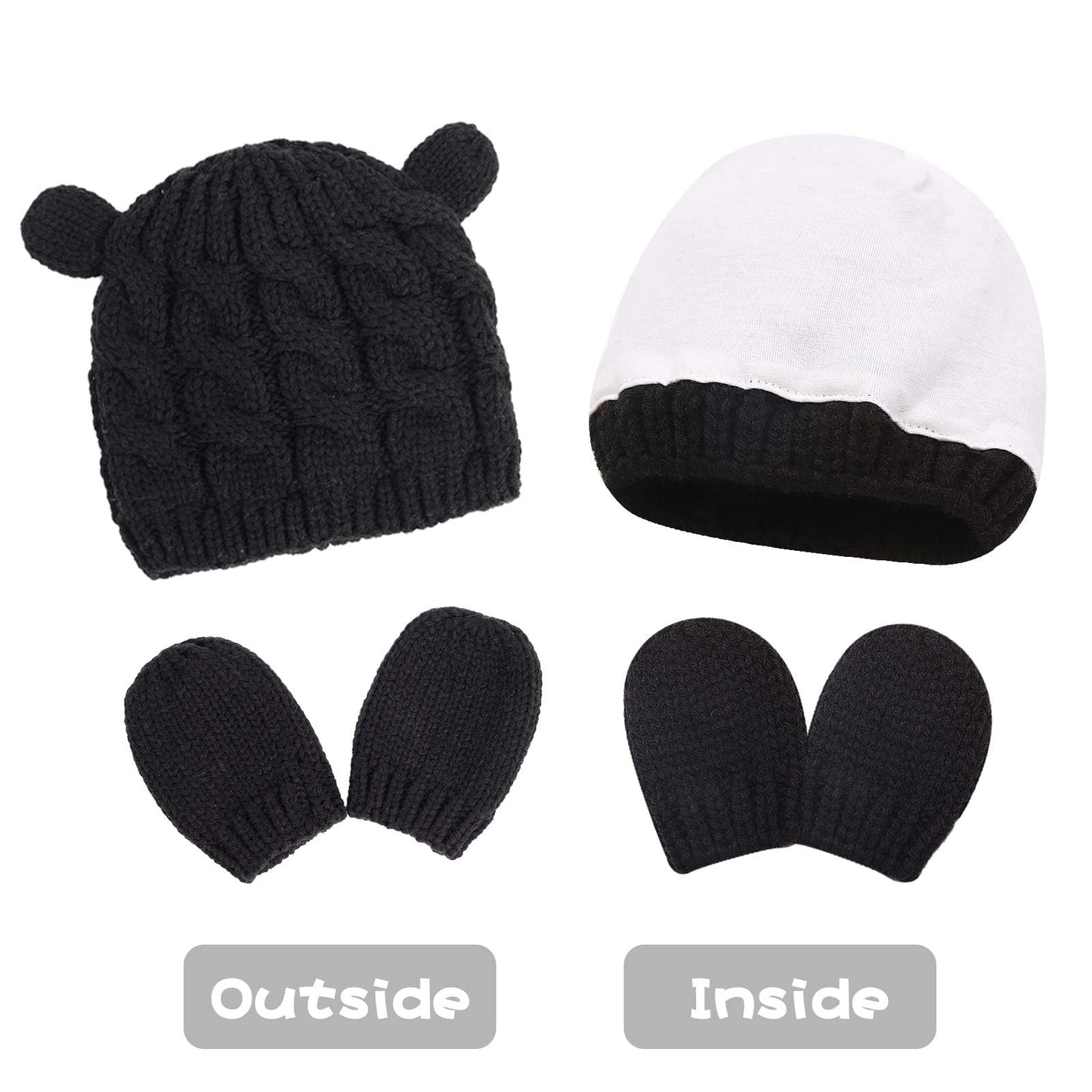Unisex Baby Toddler Hat And Mitten Set Winter Knitted Thick Warm Beanie Cap Gloves For Infant Boys Girls (Black, M (3-6 Months))