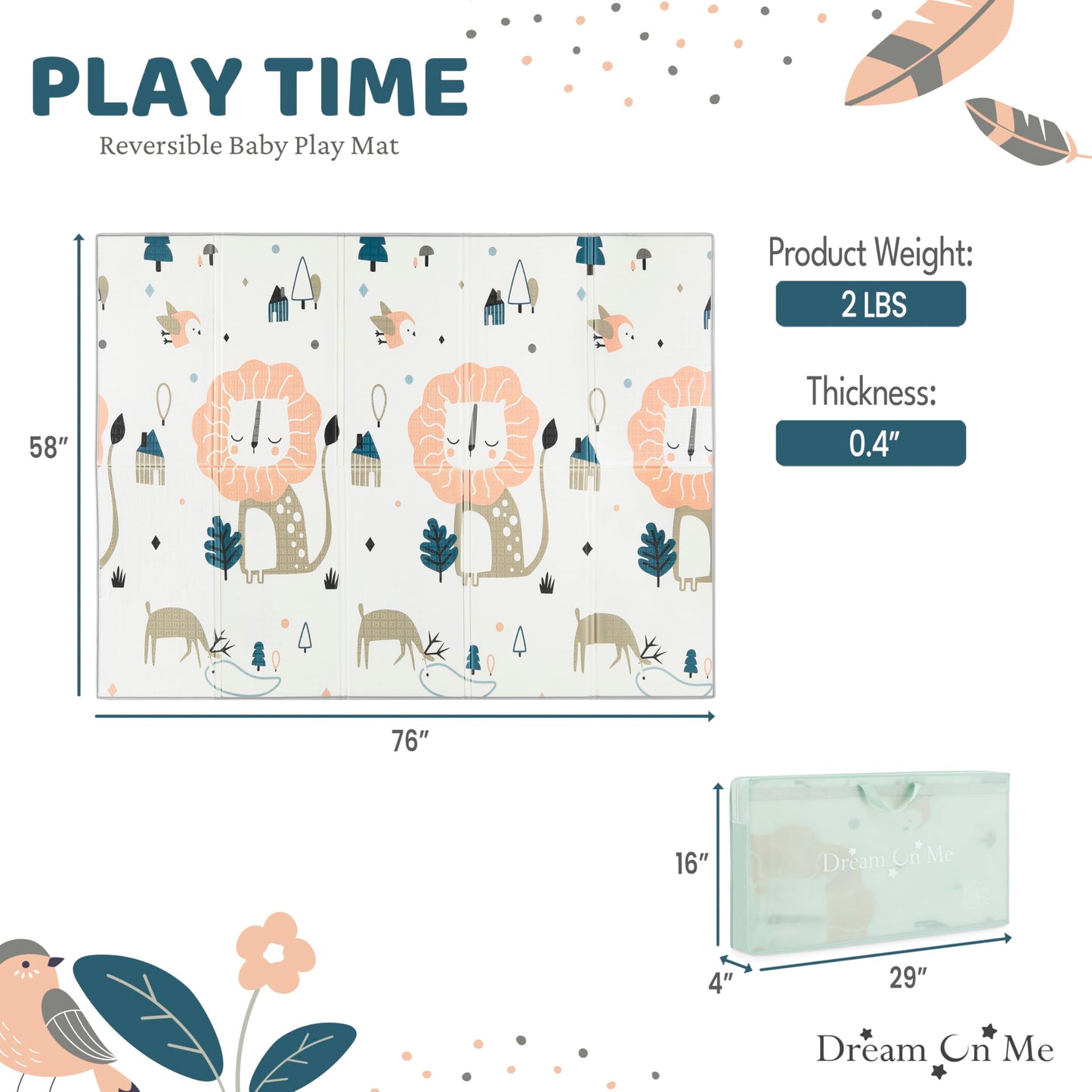 Dream On Me Play Time Reversible Baby Play Mat Foldable Extra Large Thick Foam Crawling Playmats For Toddlers Waterproof Portabl