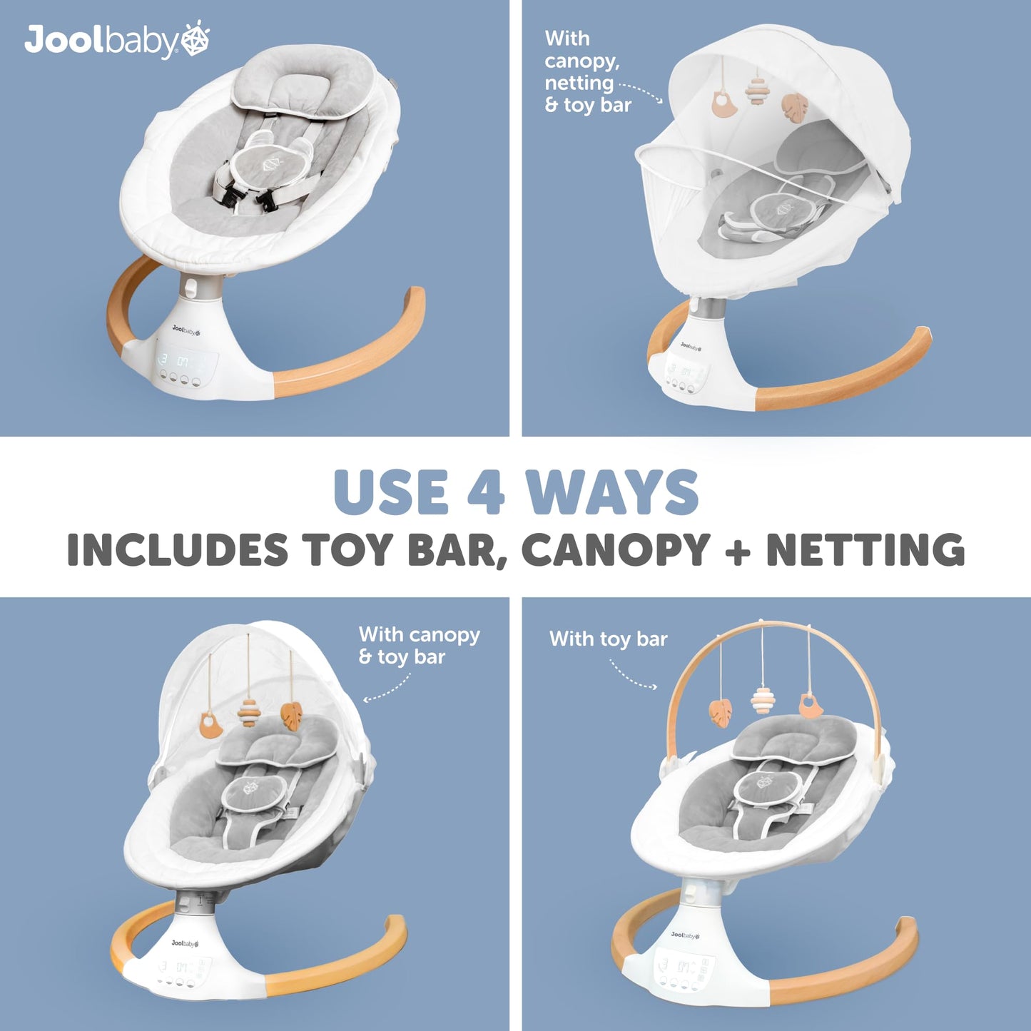 Jool Baby Nova Nature Baby Swing For Newborns - Natural Wood Toys, Electric Motorized Infant Swing, Bluetooth Music