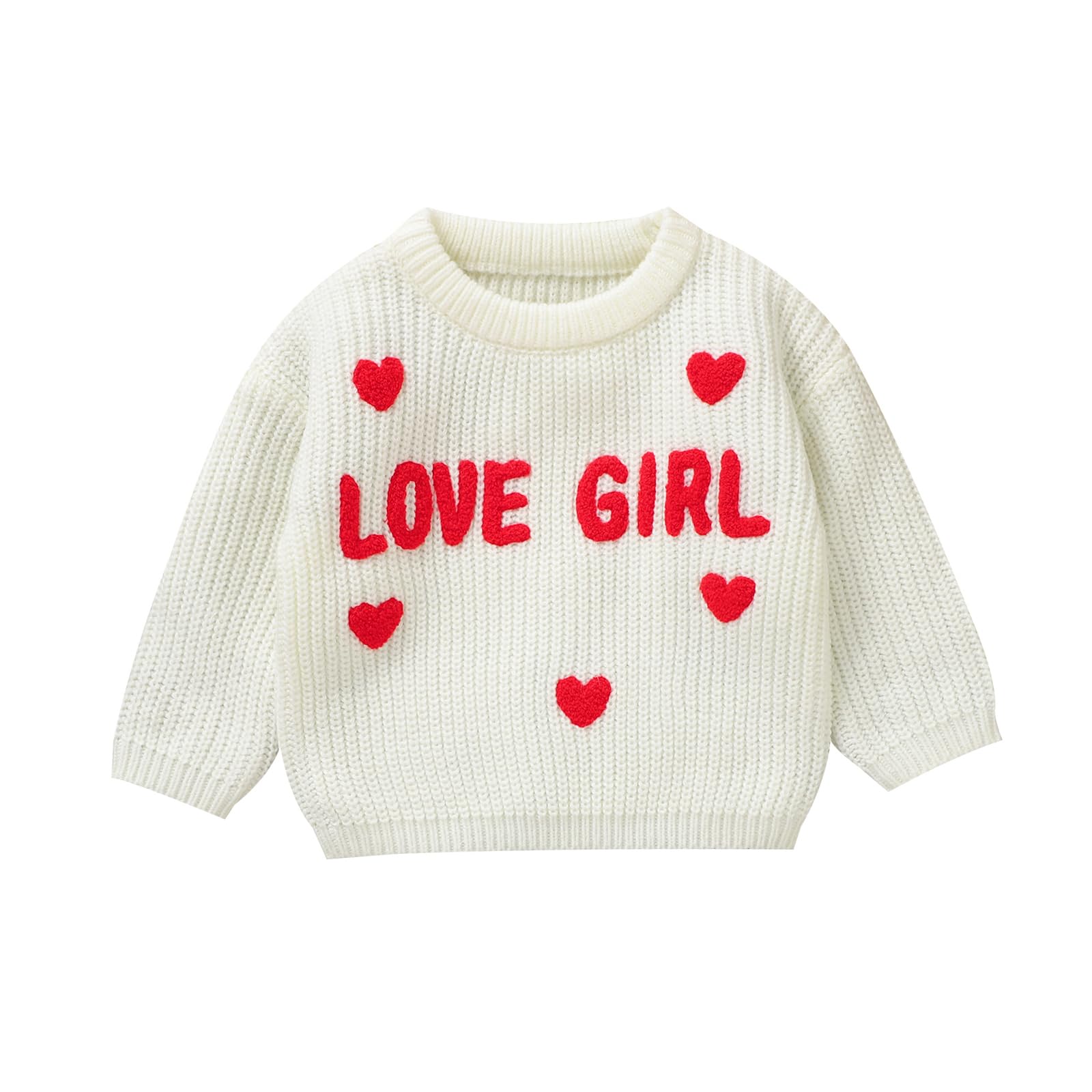 Toddler Baby Girl Boys Valentines Day Outifts Knit Sweater Long Sleeve Letter Love Heart Embroidery Pullover (White-Love Girl, 