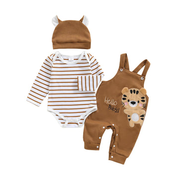 Baby Boy Clothes Set Infant Striped Long Sleeve Bodysuit Top Animal Suspender Pants Hat Newborn 3Pcs Fall Outfit (Khaki, 0-3 Mon
