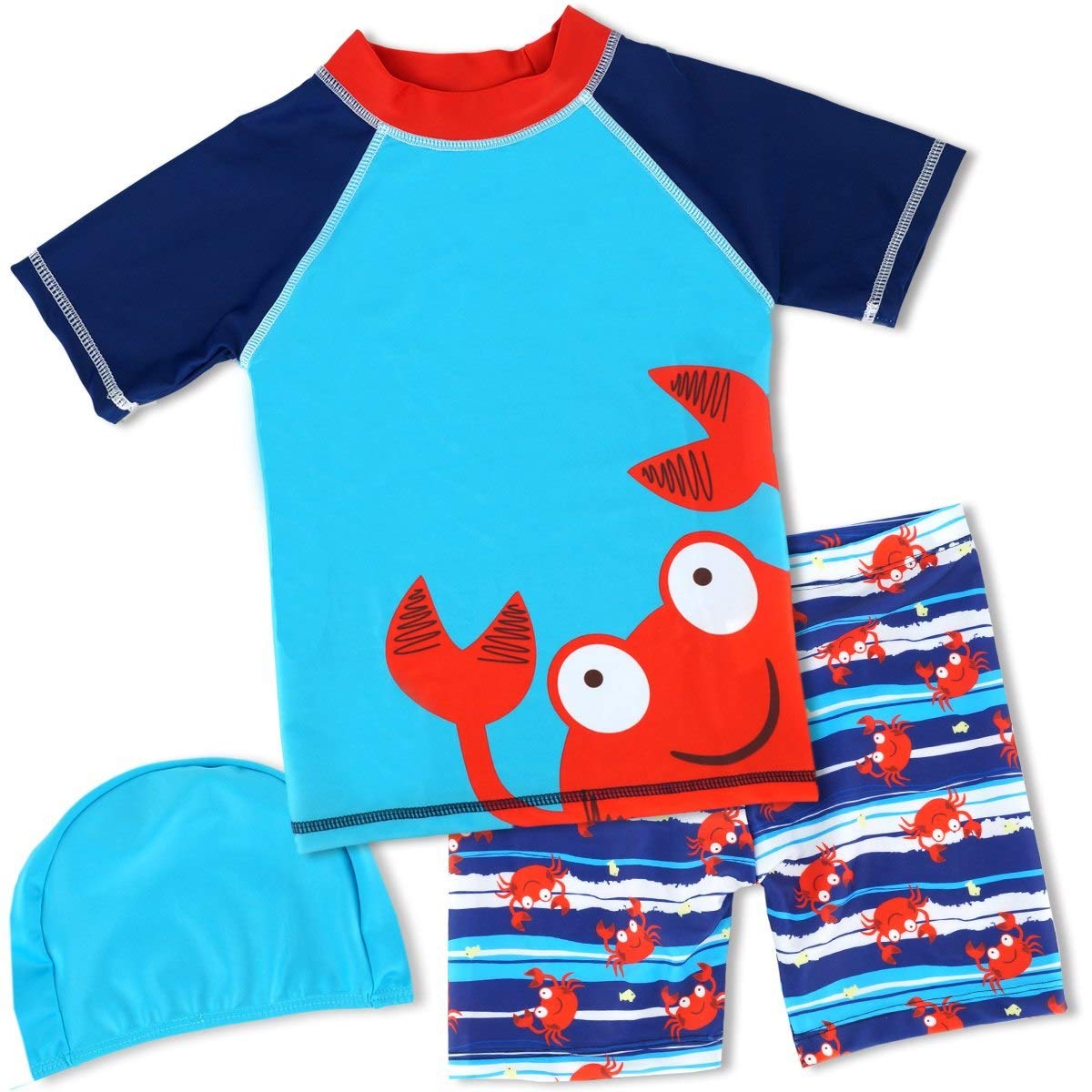 Toddler Boy Swimsuit Swim Trunks Bathing Suits Swimwear Short Sleeve Kids Rash Guard Sunsuit Sets Upf 50+ Crab 8 4-5T