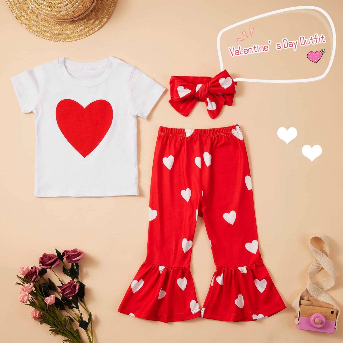 Ninobebe Toddler Girl Valentines Day Outfit Love Heart T-Shirt Bell Bottom Pants Headband 3Pcs Summer Clothes Set 4-5T