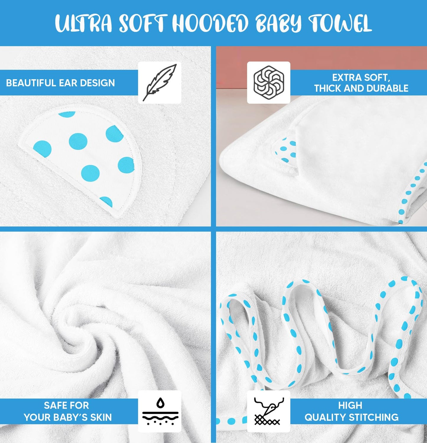 Elsvin Set Of 2 Hooded Baby Towels - White And Blue - Luxurious, Large And Super Absorbent - 30 X 30 Inch - Soft And Suitable Fo