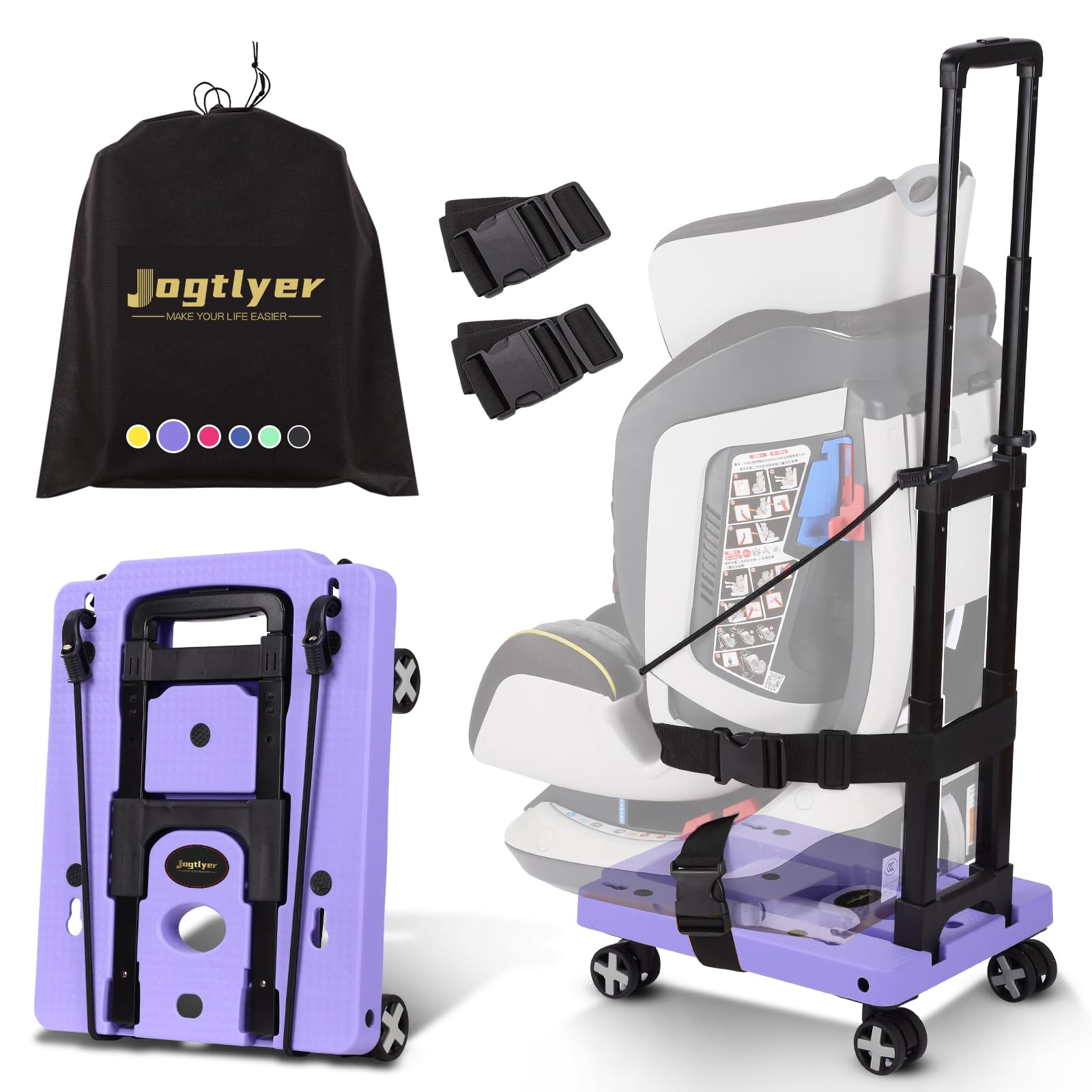Jogtlyer Car Seat Dolly for Airport Folding Car Seat Travel Cart for Airplane - Car Seat Roller with Wheel Carrier with Straps F