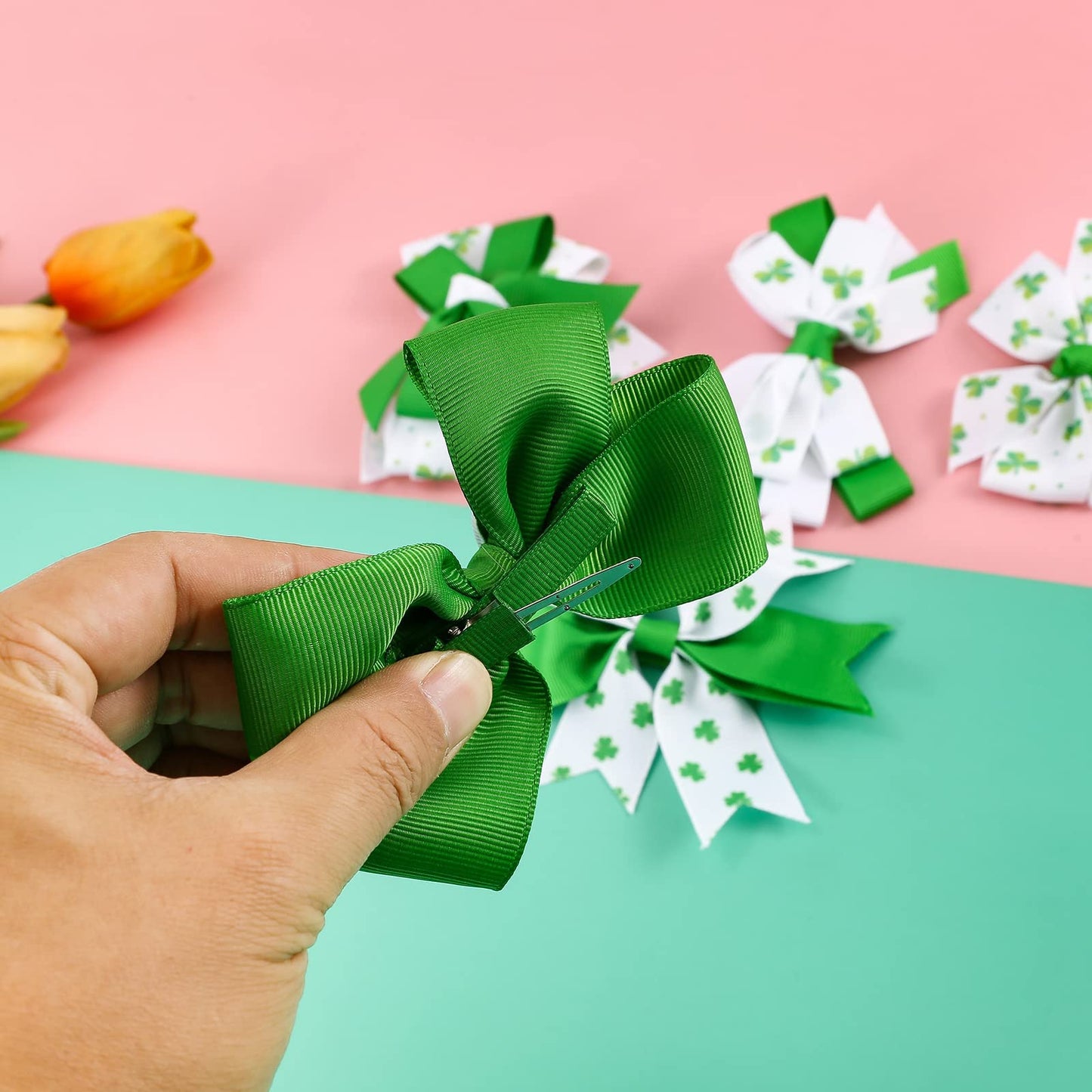5Pcs St Patricks Day Hair Bow Clips, Irish Green Shamrock Hair Bow Hair Barrette, Handmade Grosgrain Ribbon Bows St Patricks Hai