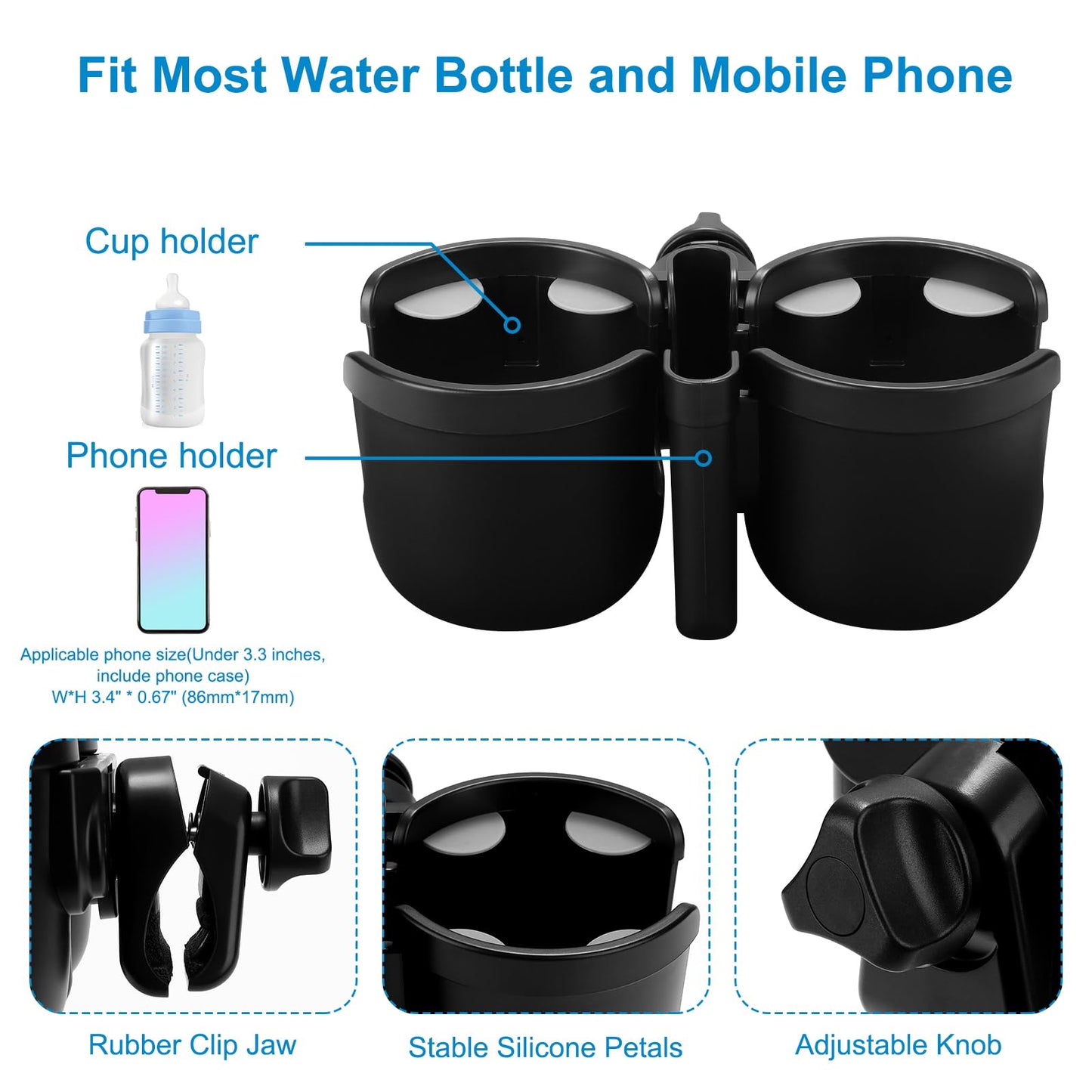 Accmor Stroller Cup Holder With Phone Holder, Universal Cup Holder For Uppababy Nuna Doona Strollers, 2-In-1 Bottle Phone Holder