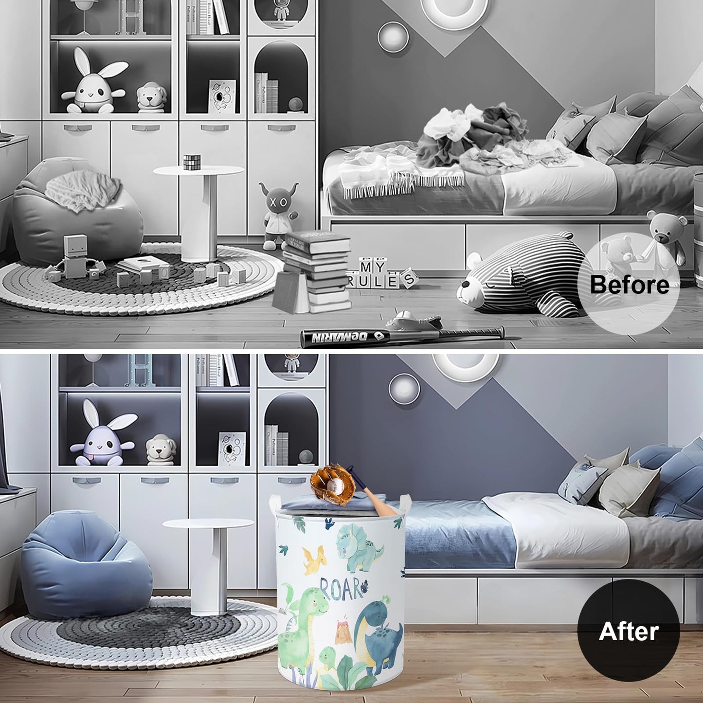 Clastyle 45L Cartoon Green Dinosaur Laundry Basket With Handle Round Bedroom Bathroon Toys Clothes Storage Basket For Nursery