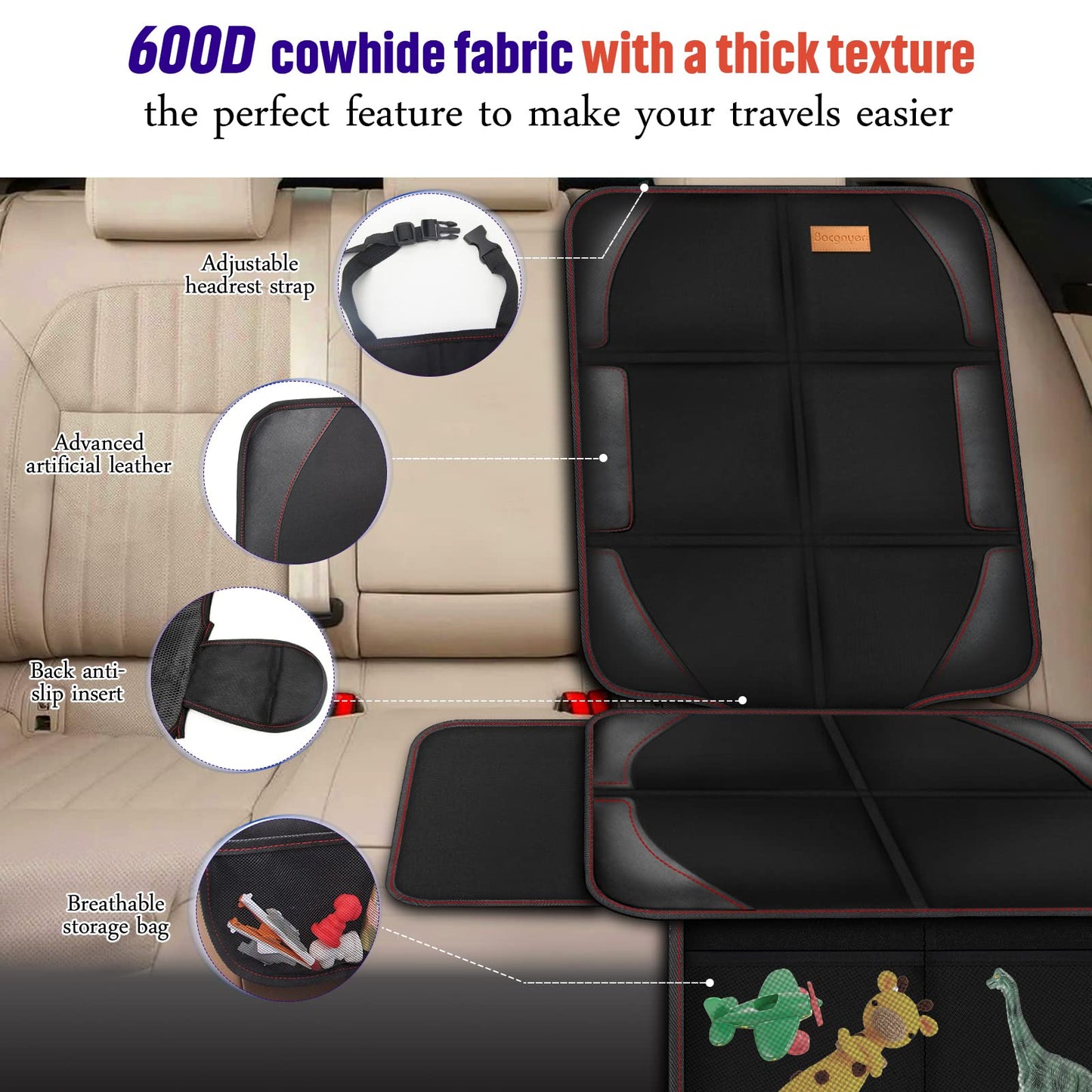 Car Seat Protector, 2 Pack Of Seat Protectors, Thickest Padded 600D Fabric Padding, Waterproof, Durable, Anti Slip Backing, Chil