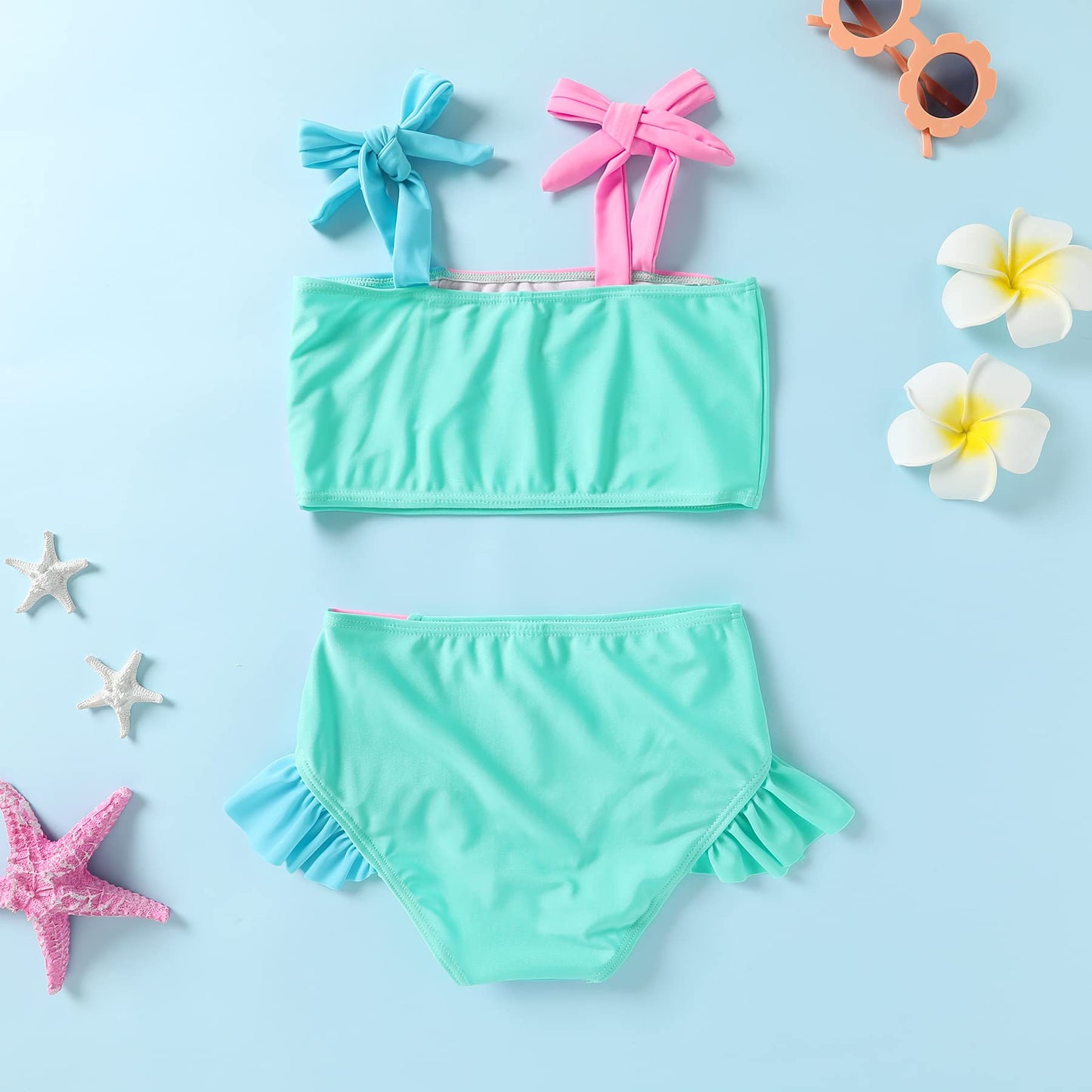Younger Tree Toddler Girls Two Pieces Swimsuit Color Block Stripe Swimwear Summer Beach Bathing Suit (Green 4-5T)