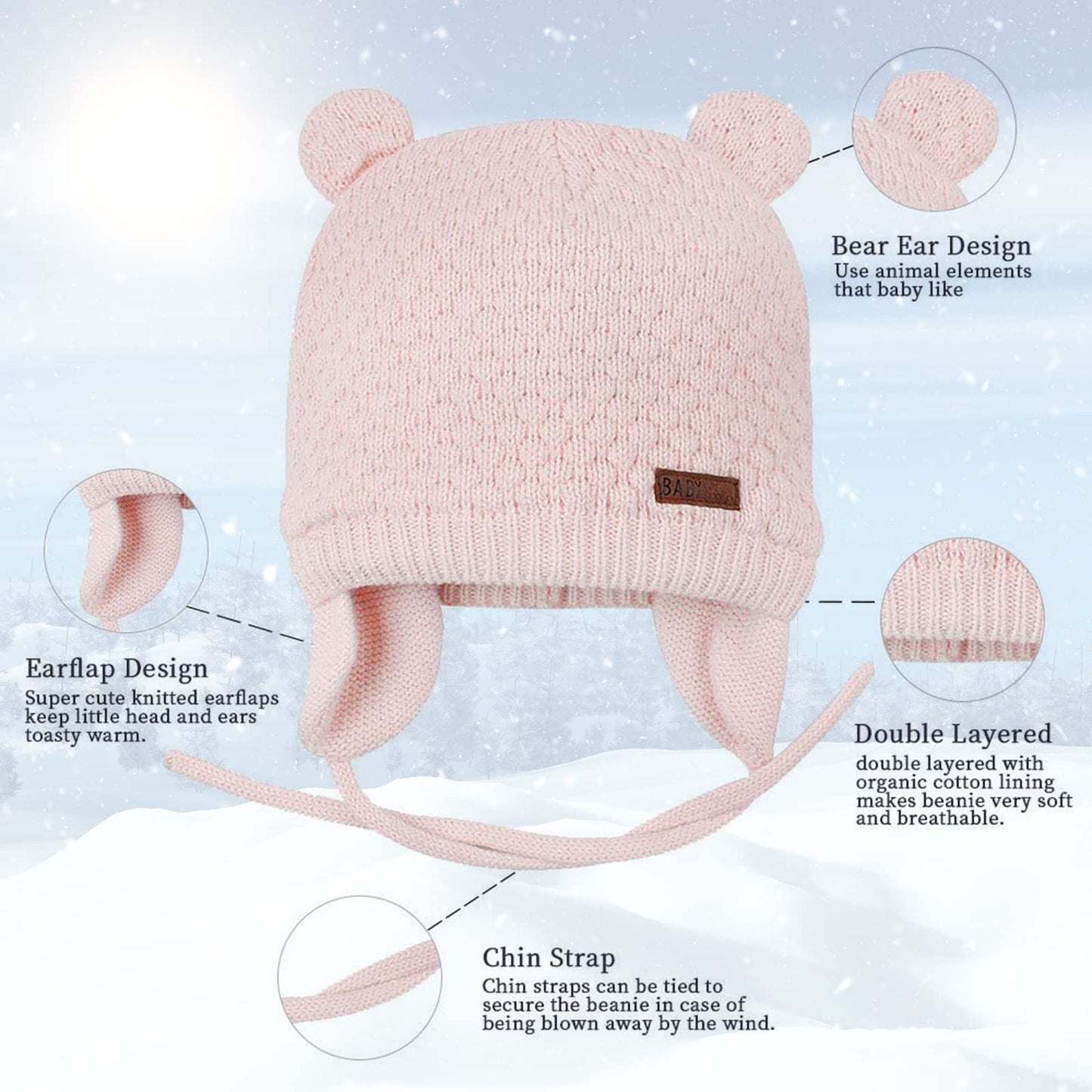 Bamery Baby Crochet Hat Infant Cute Bear Ear Beanie Toddler Boys Girls Earflap Hats For Fall Winter Warm Cap (Bear Pink, 0-6M)