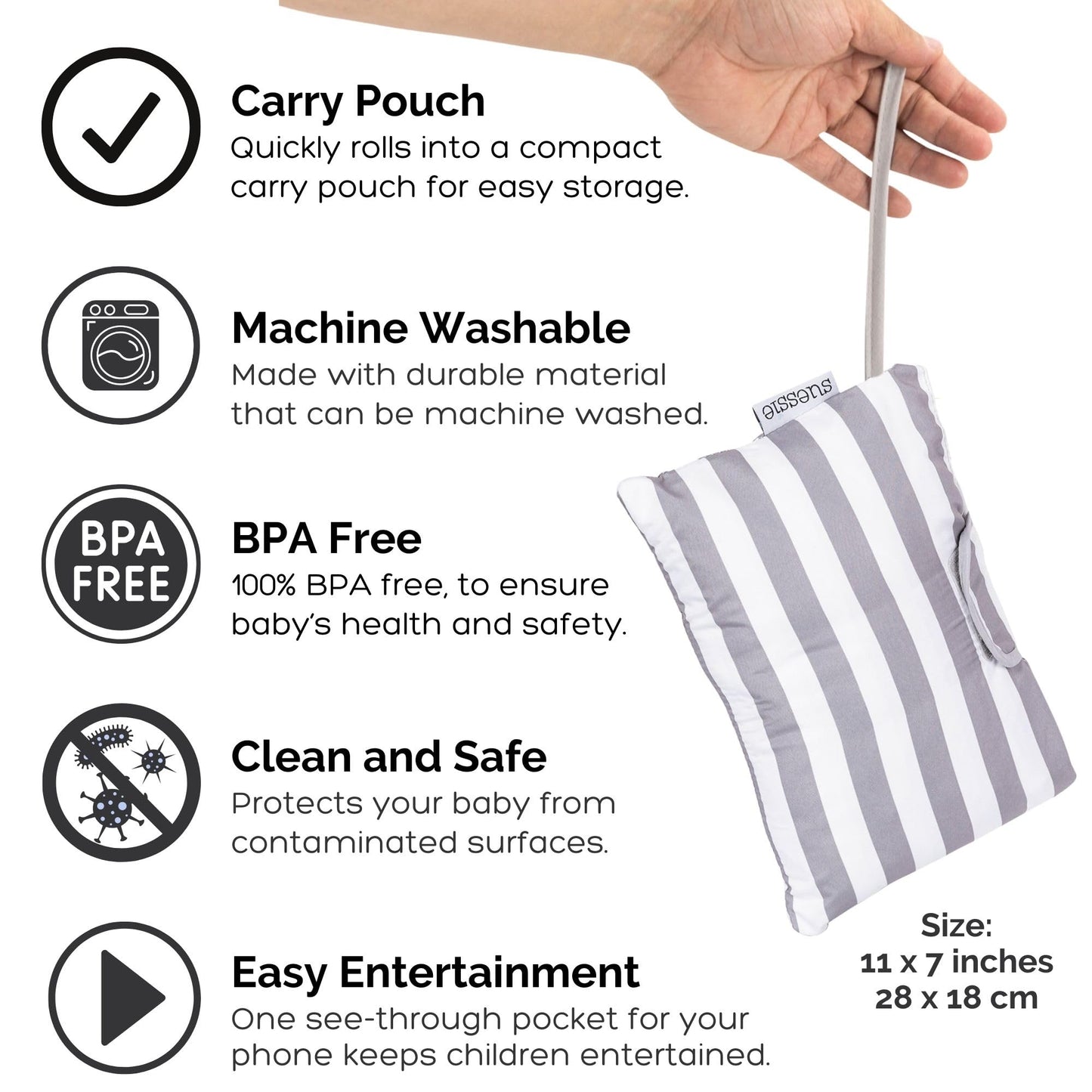 Suessie Shopping Cart Cover And High Chair Cover With Bolster Support Pillow (Gray And White Stripe With Cushion)