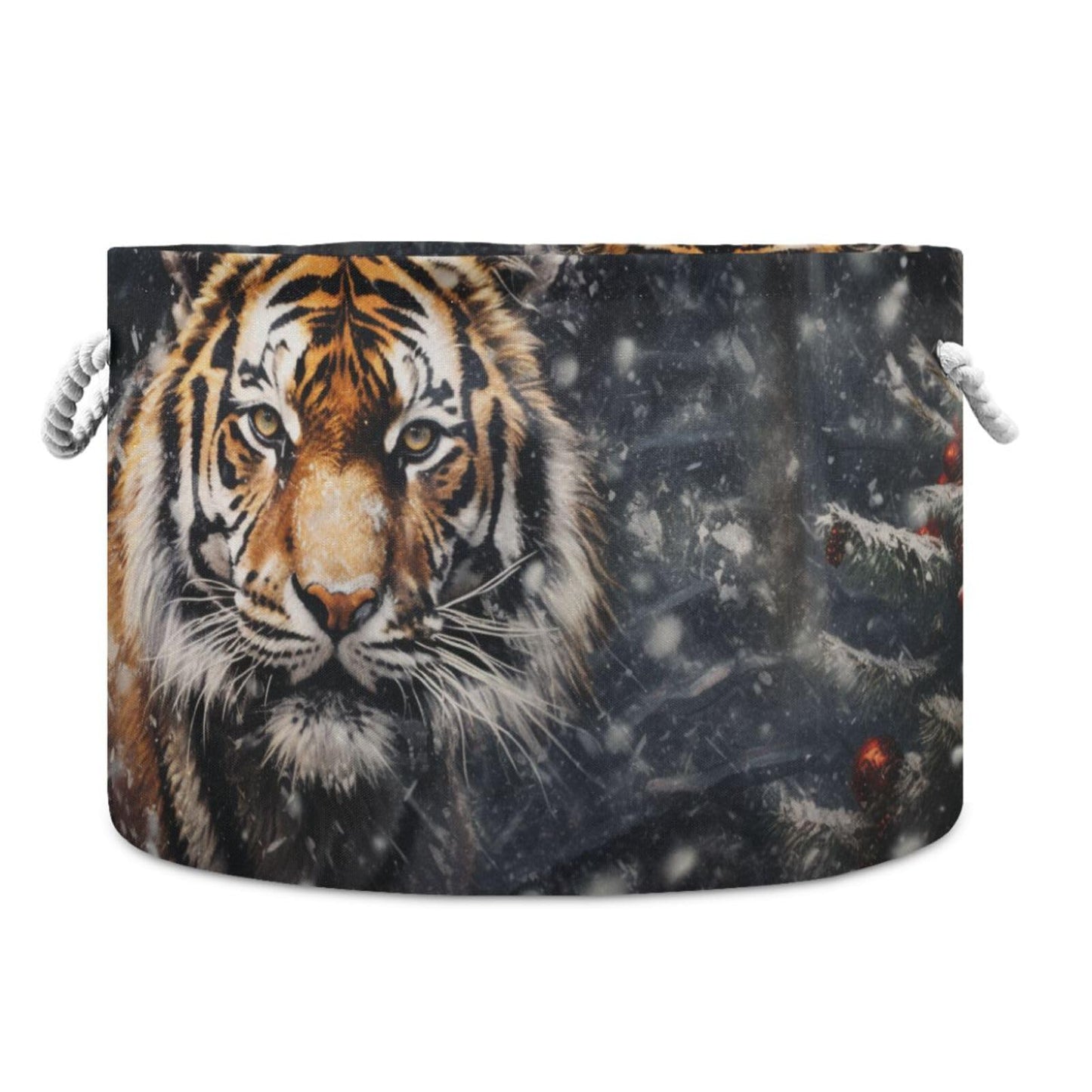 Canvas Storage Organizer Bin, Merry Christmas Tiger (2) Storage Basket Laundry Hamper with Handle for Clothes Playroom Decor, La