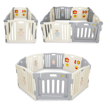 Kidzone Grey - White Baby Interactive Playpen 8 Panel Safety Gate Children Play Center Child Activity Pen Astm Certified