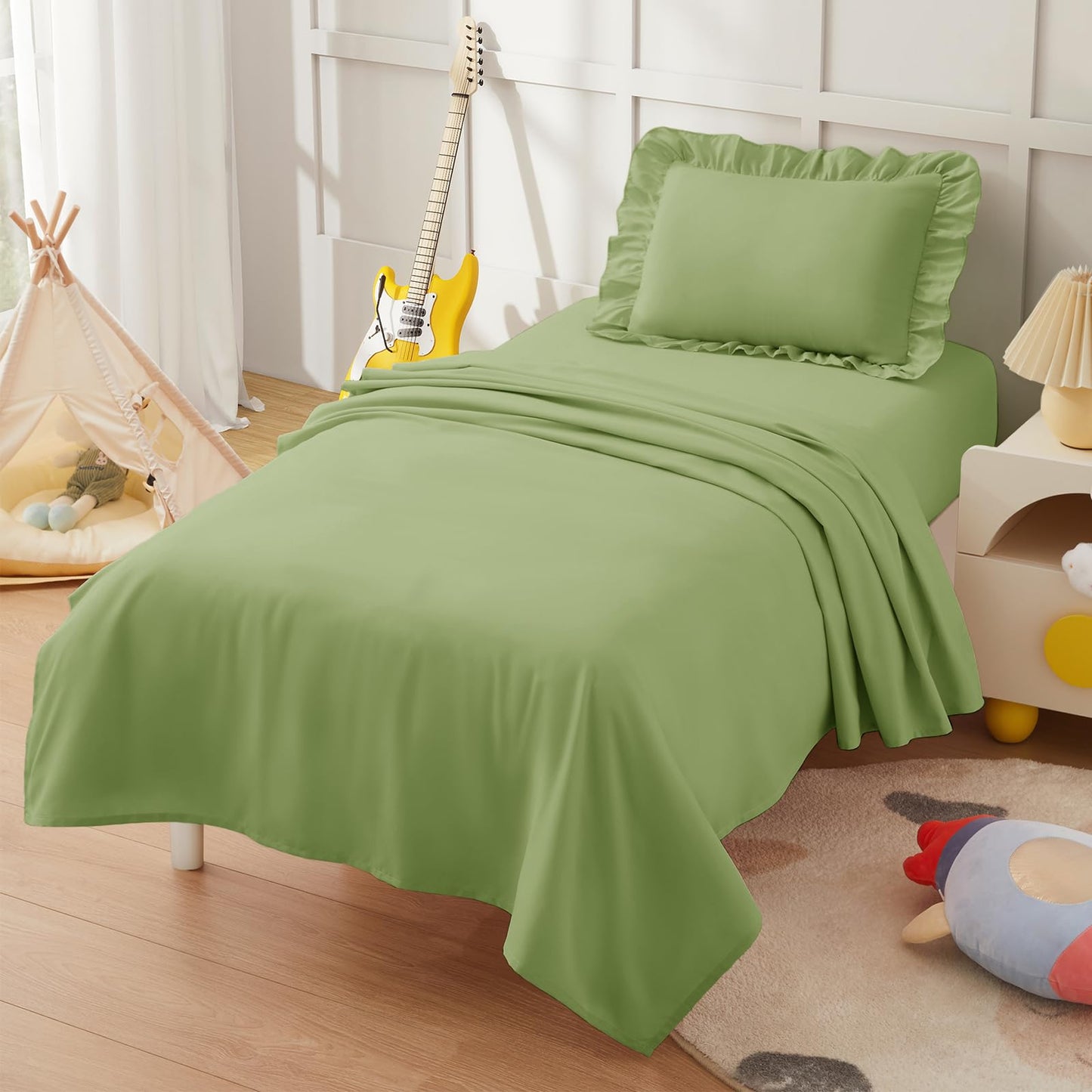 KKJIAF 3 Piece Toddler Sheet Set Microfiber, Includes a Flat Sheet, a Fitted Sheet and a Ruffle Pillowcase, Sage Green
