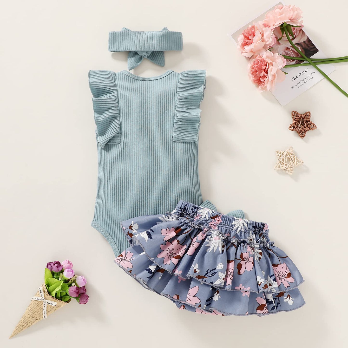 Tiny Cutey Baby Girl Clothes Infant Summer Outfits Set Ruffle Sleeve Romper And Floral Shorts With Headband (Blue Romper And Ruf