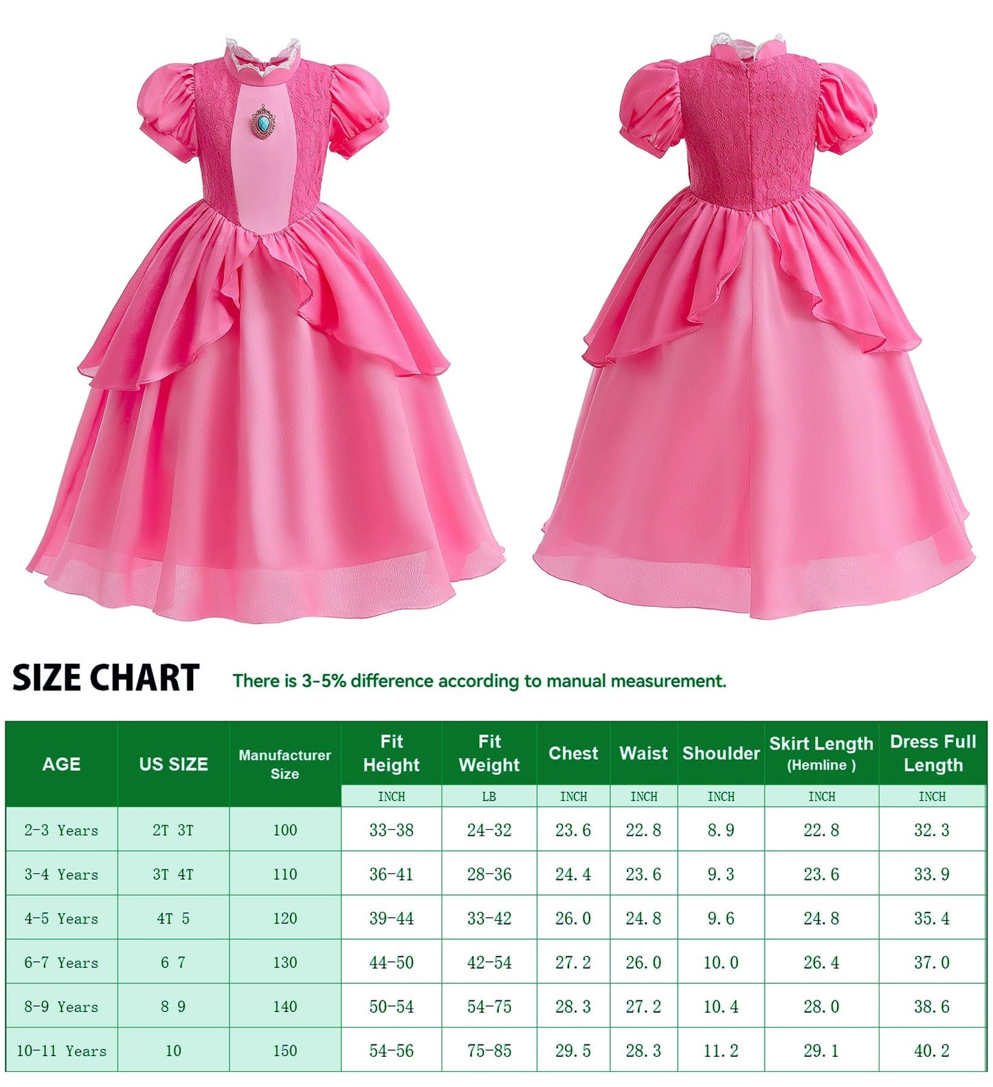 Kids Princess Peach Costume For Girls Dress Up With Crown Gloves Wand Earrings - Princess Peach Dress For Girls 6-7 Years