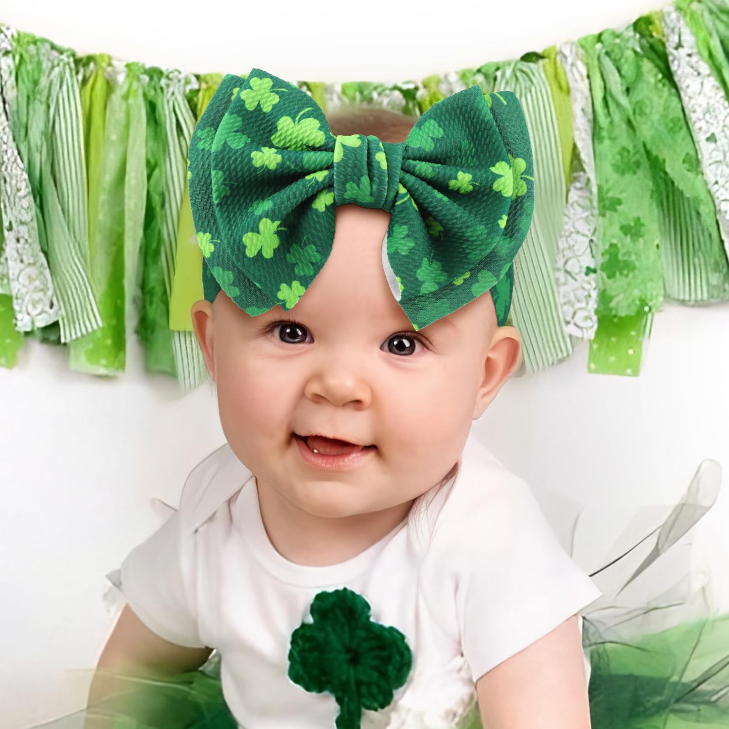 Yanjie 7 ' St.Patrick 'S Day Large Bow For Baby Girl Headband Newborn Infant Kids Shamrock Double Layer Messy Bow Headwrap