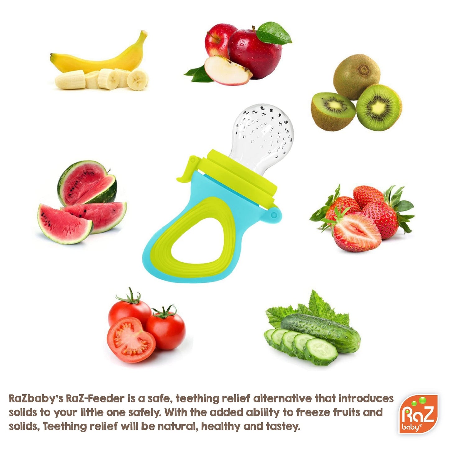 RaZbaby Baby Solids/Frozen Fruit Feeder Pacifier, Infant Teether Toy 6M+, BPA-Free Silicone Pouch & Nipple, Safely Introduce Sol