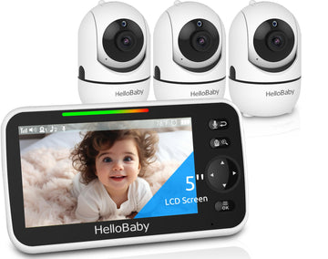 Hellobaby Hb6550 5' Baby Monitor 3 Cameras, 26-Hour Battery, Pan-Tilt-Zoom,1000Ft Range Video Audio Baby Monitor No Wifi, Eco,