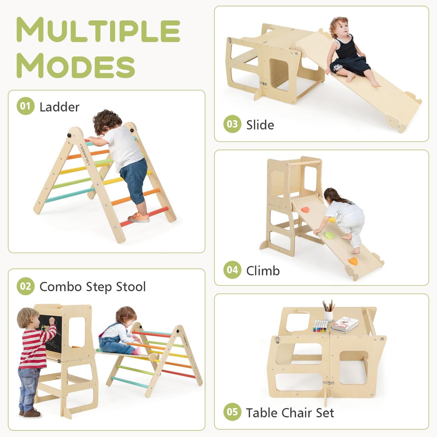Olakids Pikler Triangle Set 8 In 1 Climbing Toys For Toddlers Foldable Wood Montessori Jungle Gym With Toddler Tower Angle Adjus