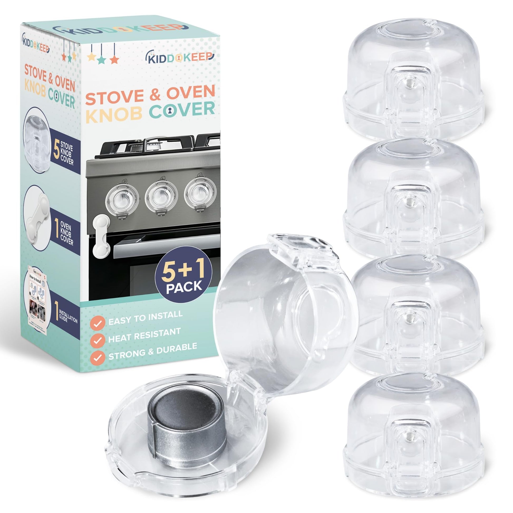 Child Proof Stove Knob Covers (Pack Of 5) & Oven Lock - Double Key Design Standard Size 2.1'High X2.4'Wide Stove Knob Covers F