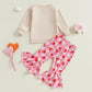 Iddolaka Toddler Baby Girls Valentines Day Outfits Long Sleeve Letter Sweatshirt Shirt Heart Flared Pants Spring Clothes (J-Apri