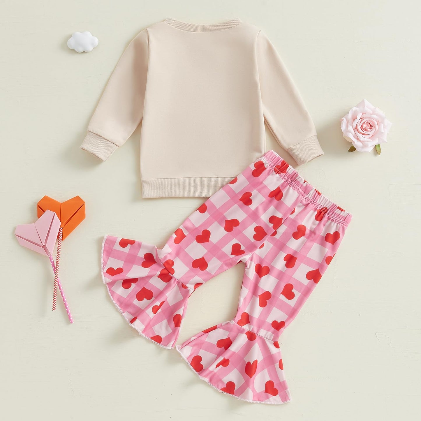 Iddolaka Toddler Baby Girls Valentines Day Outfits Long Sleeve Letter Sweatshirt Shirt Heart Flared Pants Spring Clothes (J-Apri
