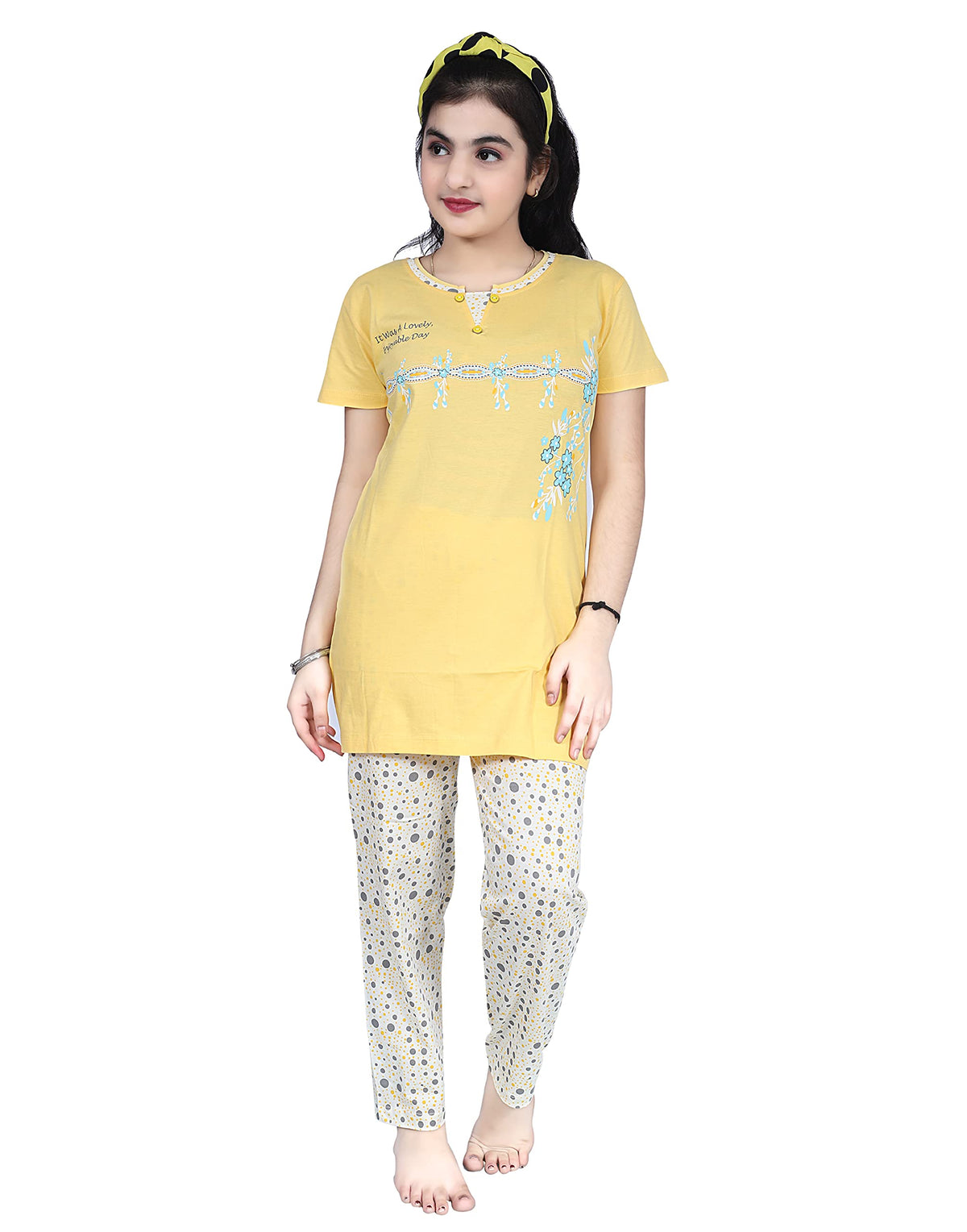 sonia collection Girls Cotton Printed Top & Pajama Set (kashis Yellow, 910 Years)