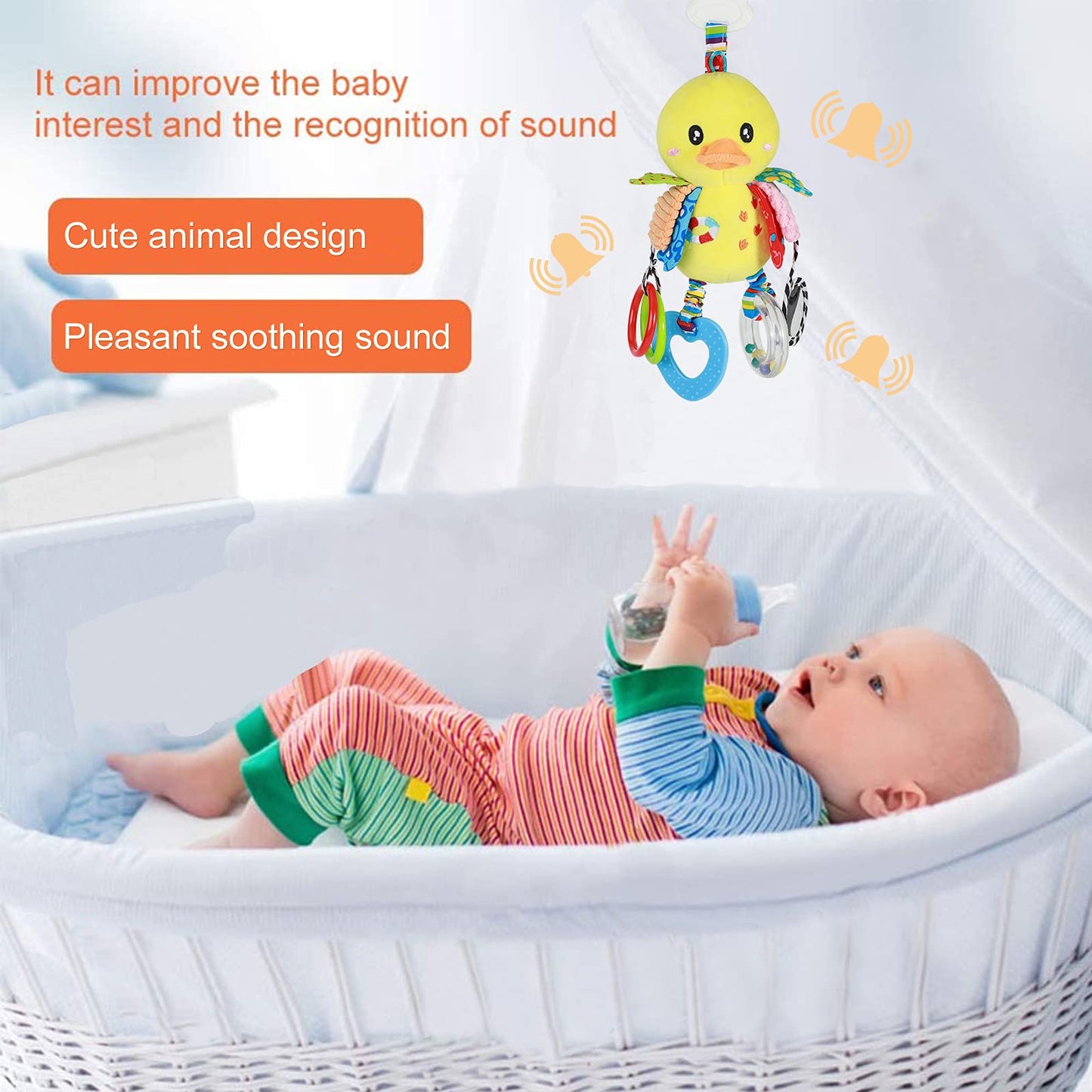 Funsland Baby Stroller Toy and Car Seat Toy for Infant with Teether Hanging Rattle Toys Clip on Stroller Toy Soft Plush Baby Toy